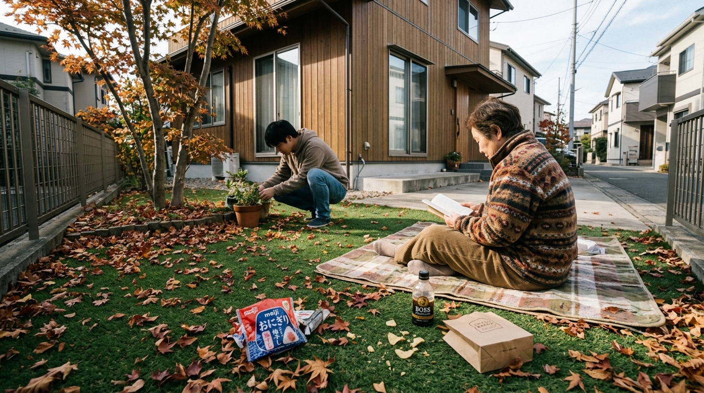 落ち葉や食べかすが散乱している人工芝の写真。]