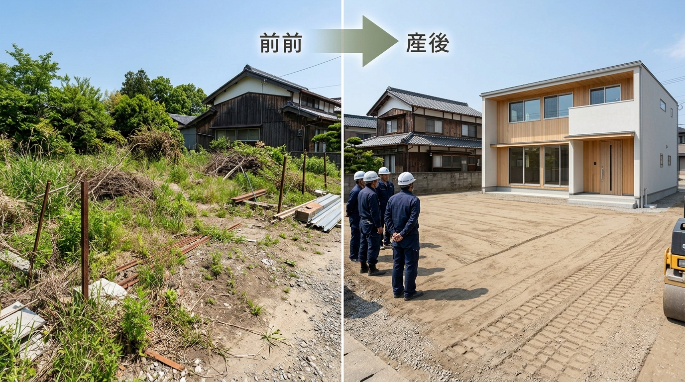 雑草だらけの地面が、綺麗に整地・転圧された状態に変わるビフォーアフター写真]