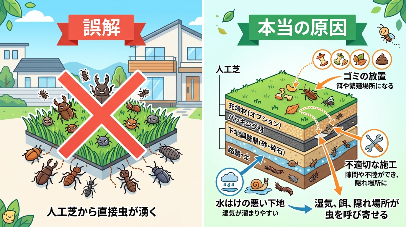 日本人と日本人の近代住宅・風景。参照画像の画風・テイスト・タッチでのイラストの作成。必要に応じてカラーにして。, インフォグラフィック、デジタルイラスト。テーマは「人工芝の虫発生、誤解と真実」。画面を