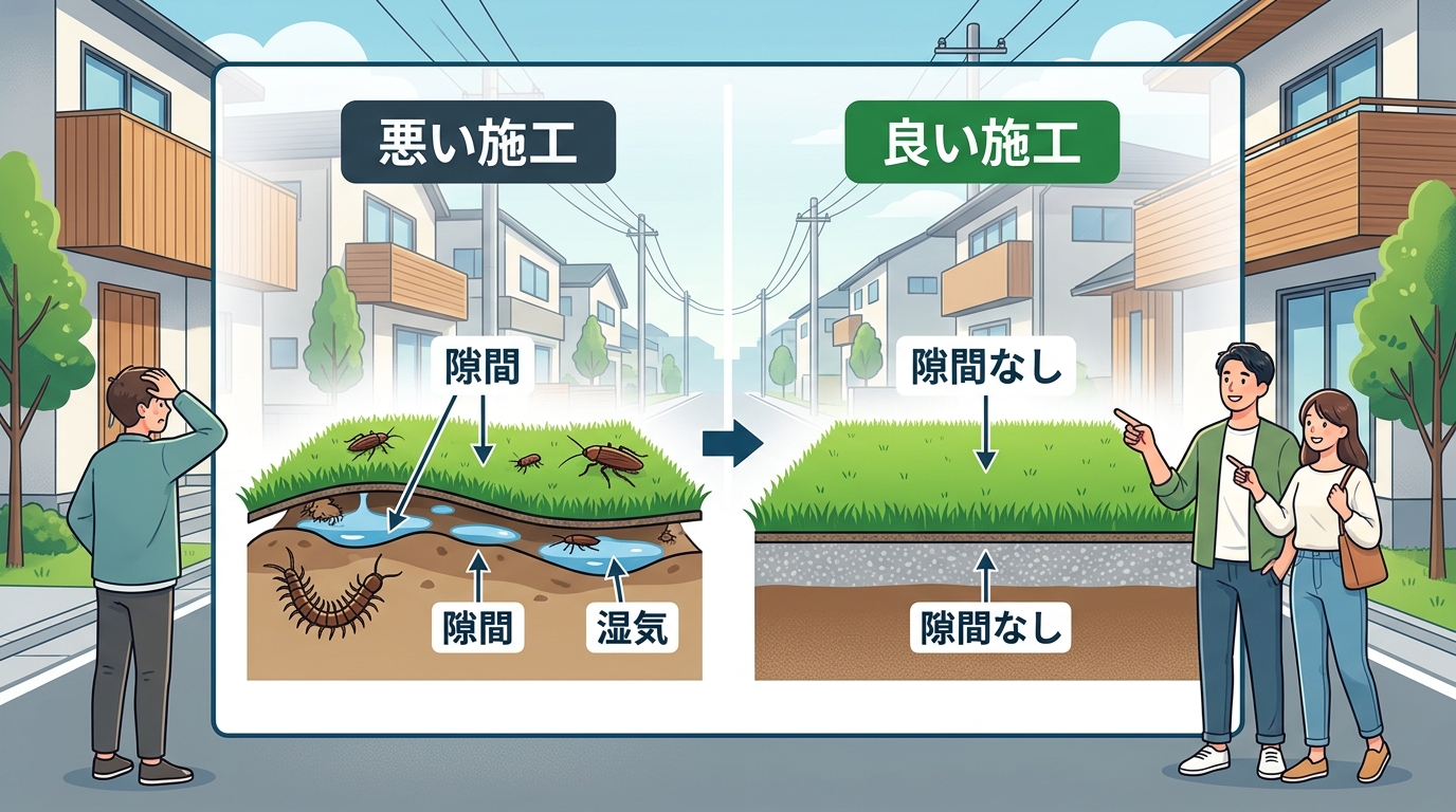 日本人と日本人の近代住宅・風景。参照画像の画風・テイスト・タッチでのイラストの作成。必要に応じてカラーにして。, インフォグラフィック図解。「人工芝に虫が湧く原因」をテーマにした比較図。左に「悪い施工