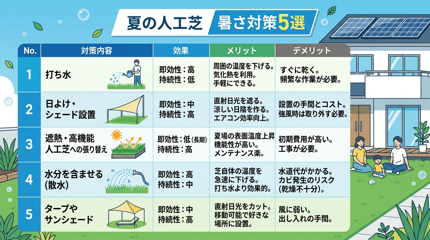 日本人と日本人の近代住宅・風景。参照画像の画風・テイスト・タッチでのイラストの作成。必要に応じてカラーにして。, 「夏の人工芝 暑さ対策5選」というタイトルのインフォグラフィック。5つの対策（打ち水、
