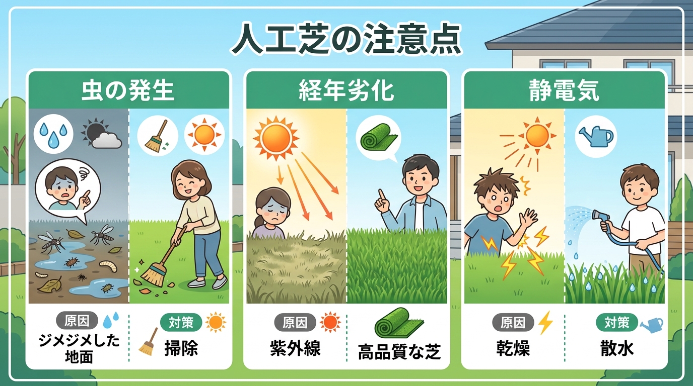 日本人と日本人の近代住宅・風景。参照画像の画風・テイスト・タッチでのイラストの作成。必要に応じてカラーにして。, 「人工芝の注意点」をテーマにしたインフォグラフィック。フラットデザインの明るいデジタル