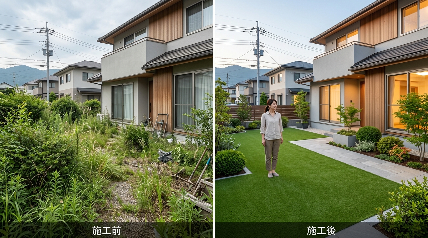 施工前（雑草が生い茂っている庭）と施工後（青々とした人工芝の庭）の比較写真]