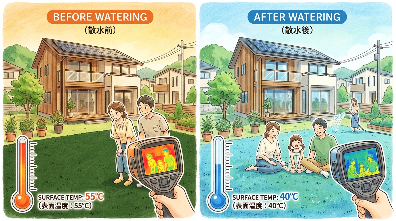 散水前（例：55℃）と散水後（例：40℃）の人工芝の表面温度をサーモグラフィカメラで撮影した比較画像。温度差が一目でわかるようにする。]