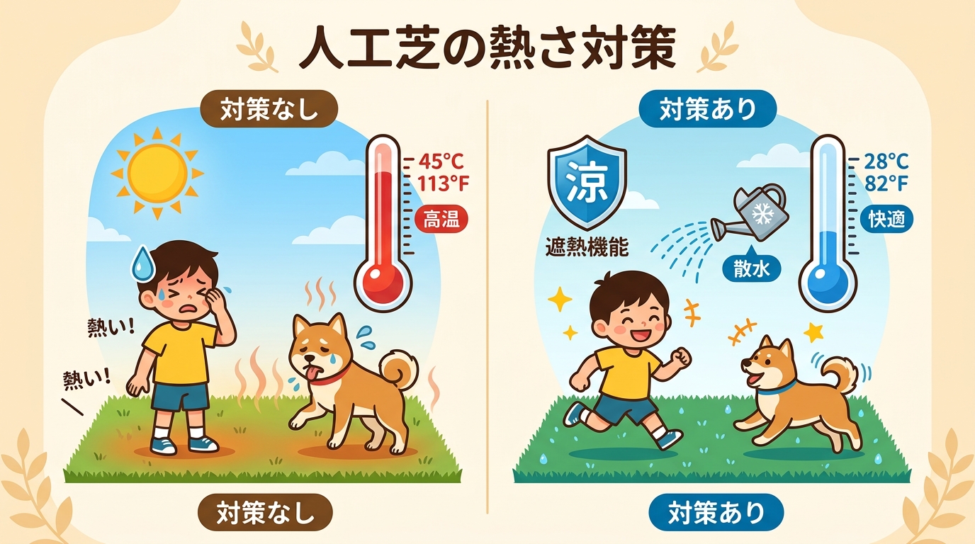 日本人と日本人の近代住宅・風景。参照画像の画風・テイスト・タッチでのイラストの作成。必要に応じてカラーにして。, 「人工芝の熱さ対策」というタイトルのインフォグラフィック。左右2分割の比較図。左は「対