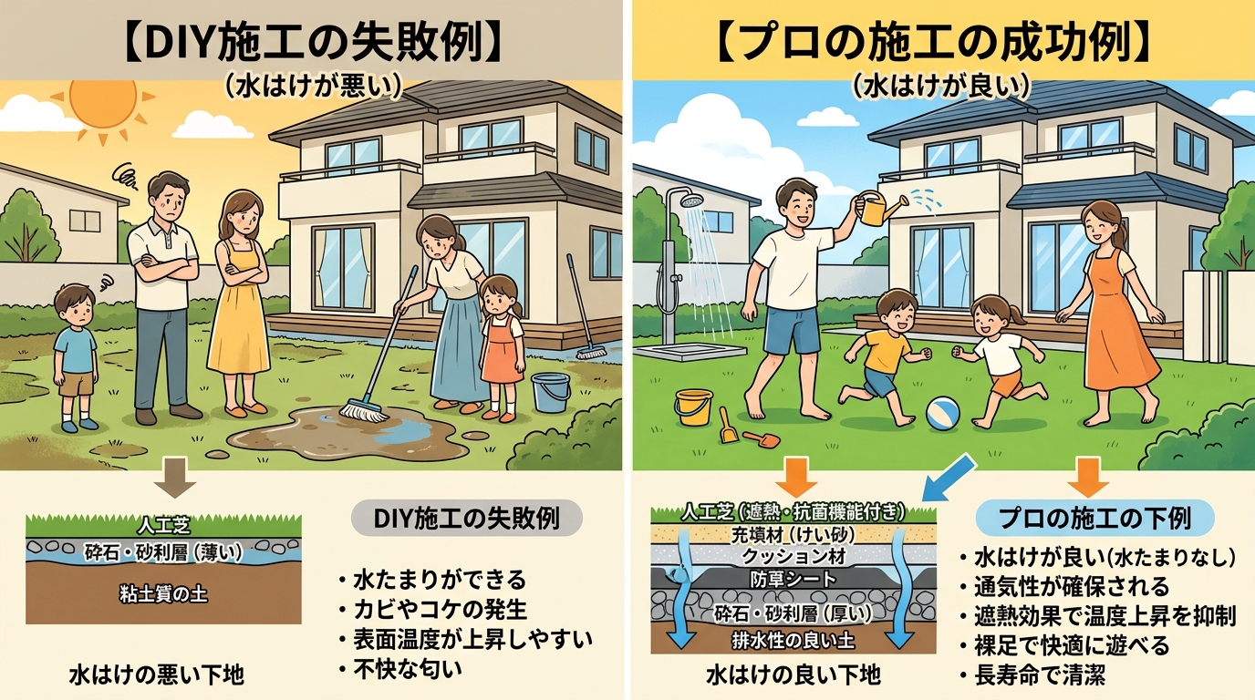 日本人と日本人の近代住宅・風景。参照画像の画風・テイスト・タッチでのイラストの作成。必要に応じてカラーにして。, 人工芝の暑さ対策に関する比較インフォグラフィック。画面を左右に分割し、左に「DIY施工