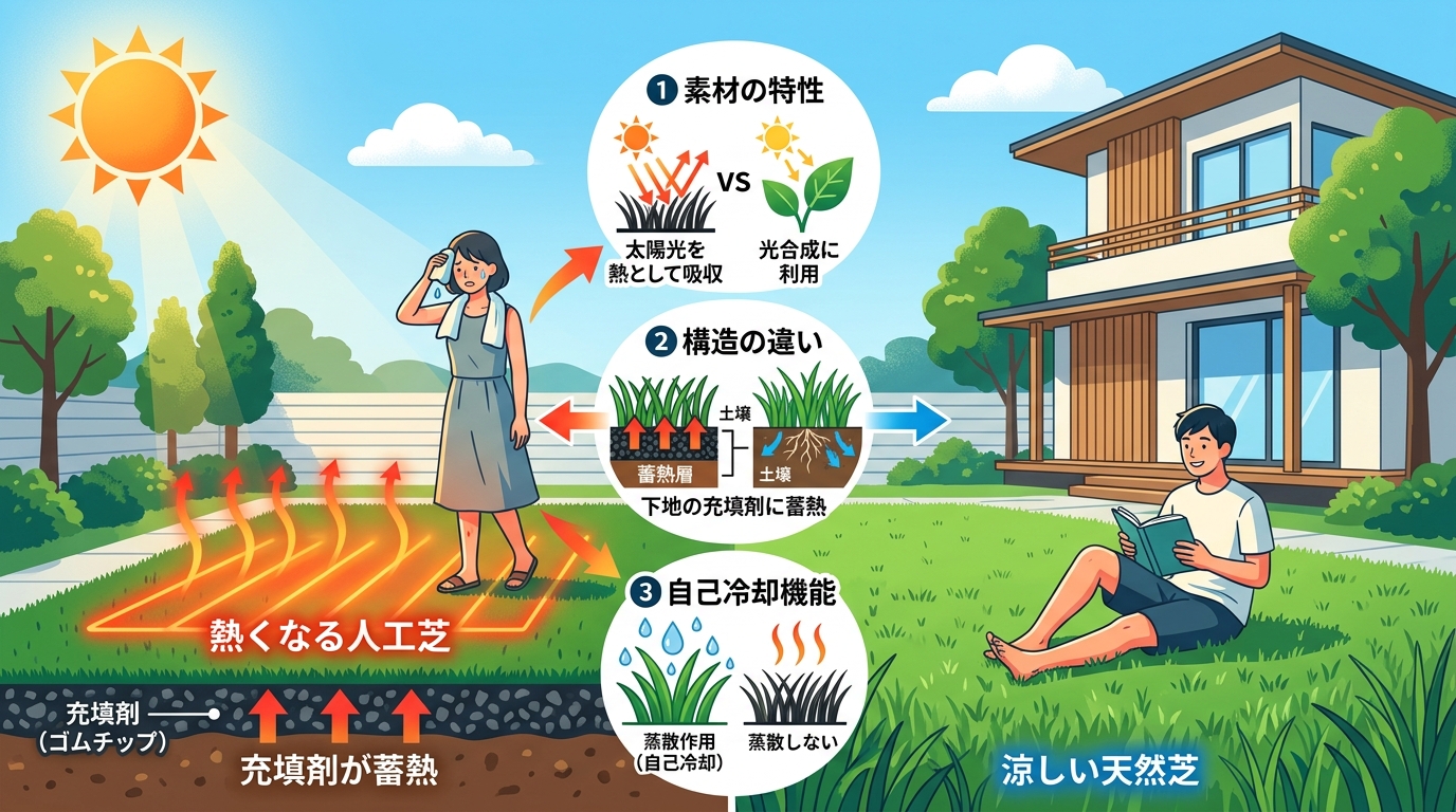 日本人と日本人の近代住宅・風景。参照画像の画風・テイスト・タッチでのイラストの作成。必要に応じてカラーにして。, 夏の人工芝が熱くなる3つの理由を解説するインフォグラフィック。左に太陽で赤く熱せられた