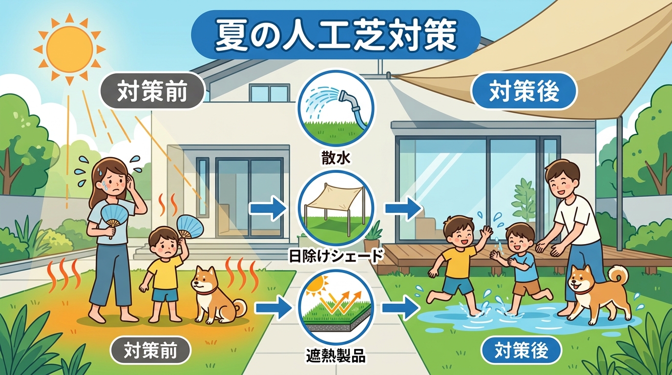 日本人と日本人の近代住宅・風景。参照画像の画風・テイスト・タッチでのイラストの作成。必要に応じてカラーにして。, 「夏の人工芝の熱さ対策」をテーマにしたインフォグラフィック。親しみやすいフラットデザイ