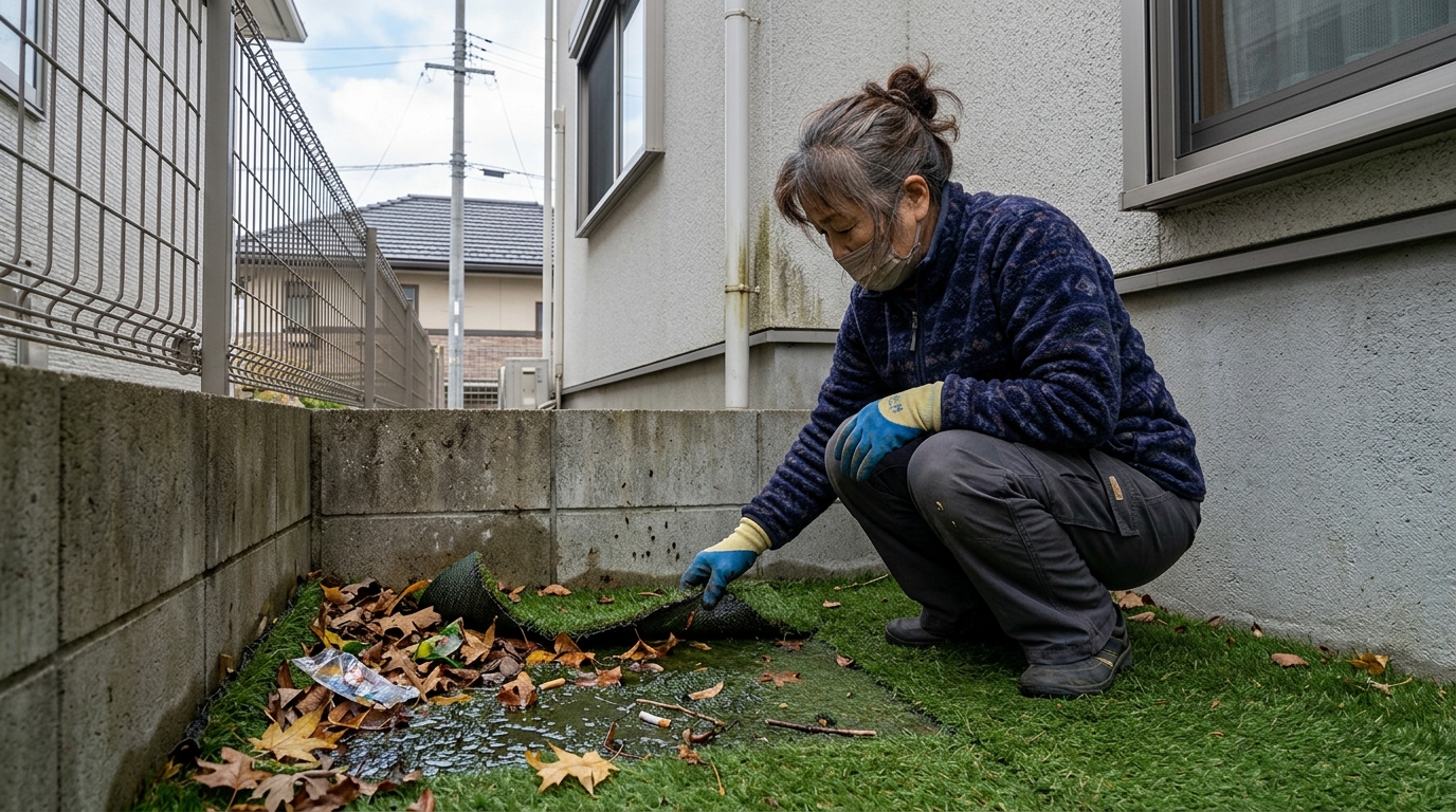 水はけが悪く、落ち葉やゴミが溜まった人工芝の隅の写真。虫が発生しやすい環境を視覚的に伝える。]