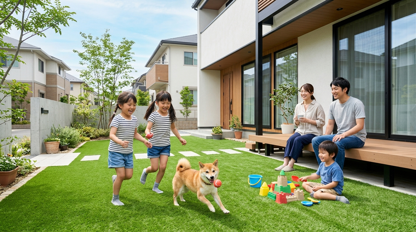 掃除が行き届いた美しい人工芝の庭で、子供やペットが楽しそうに遊んでいるイメージ写真]