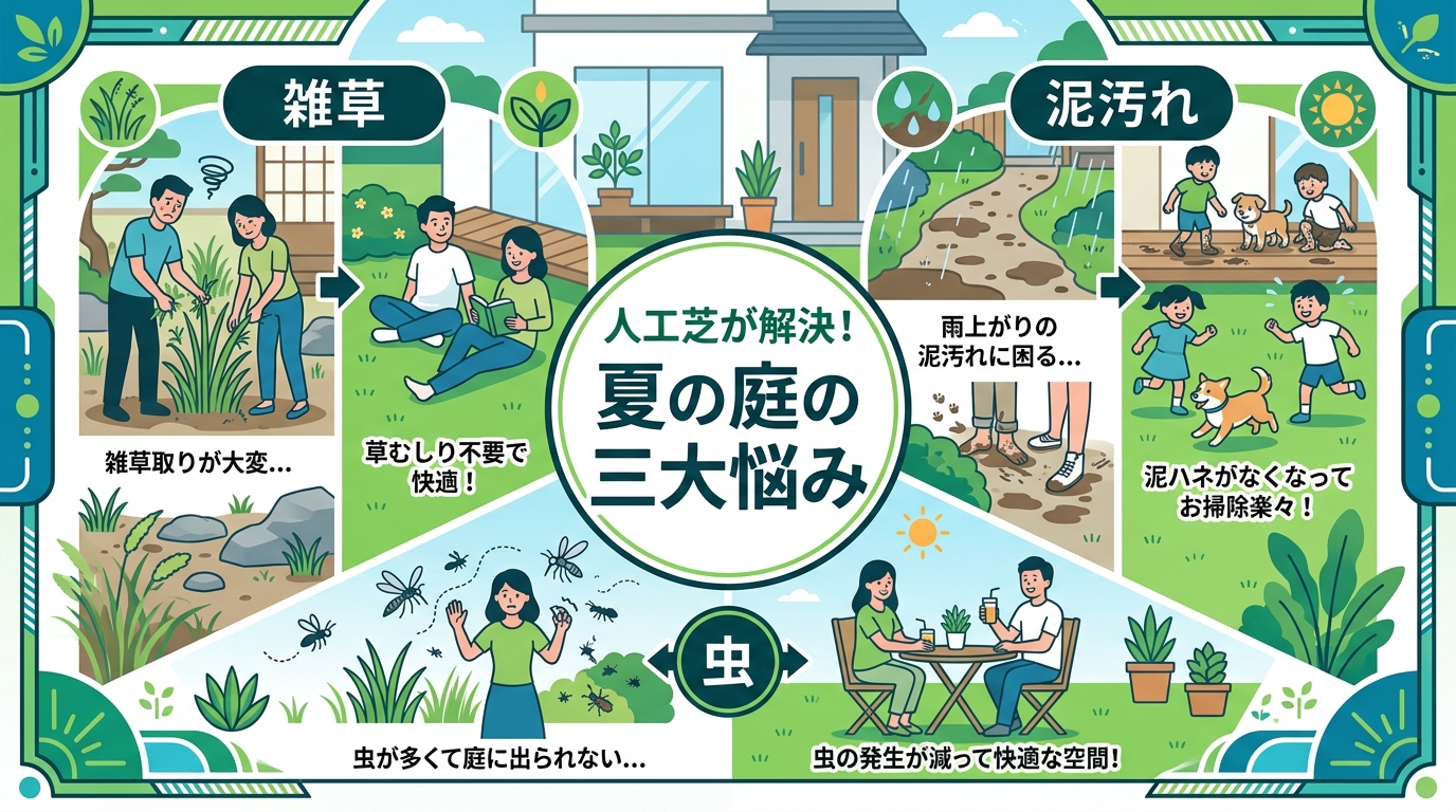 日本人と日本人の近代住宅・風景。参照画像の画風・テイスト・タッチでのイラストの作成。必要に応じてカラーにして。, 夏の庭の悩みを解決する人工芝のメリットを伝えるインフォグラフィック。中央に「人工芝が解