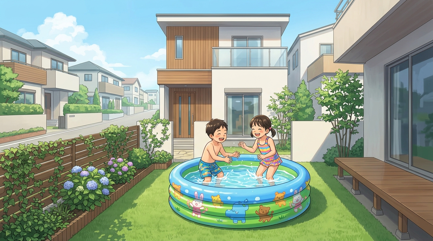 人工芝の上に置かれたビニールプールで、子供たちが楽しそうに遊んでいる様子の写真。泥汚れがなく清潔な印象が伝わるもの]