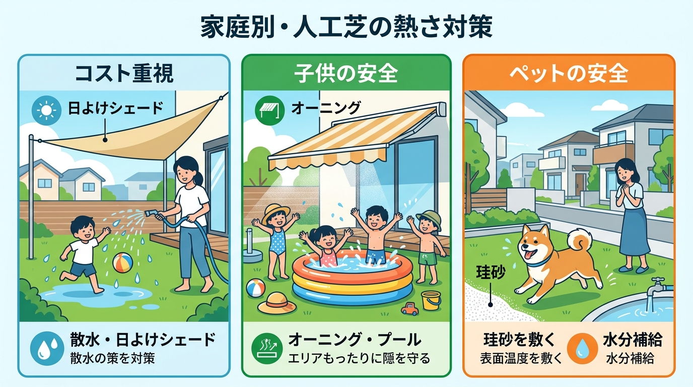日本人と日本人の近代住宅・風景。参照画像の画風・テイスト・タッチでのイラストの作成。必要に応じてカラーにして。, インフォグラフィック、3分割の比較図。テーマは「家庭別・人工芝の熱さ対策」。左から「コ