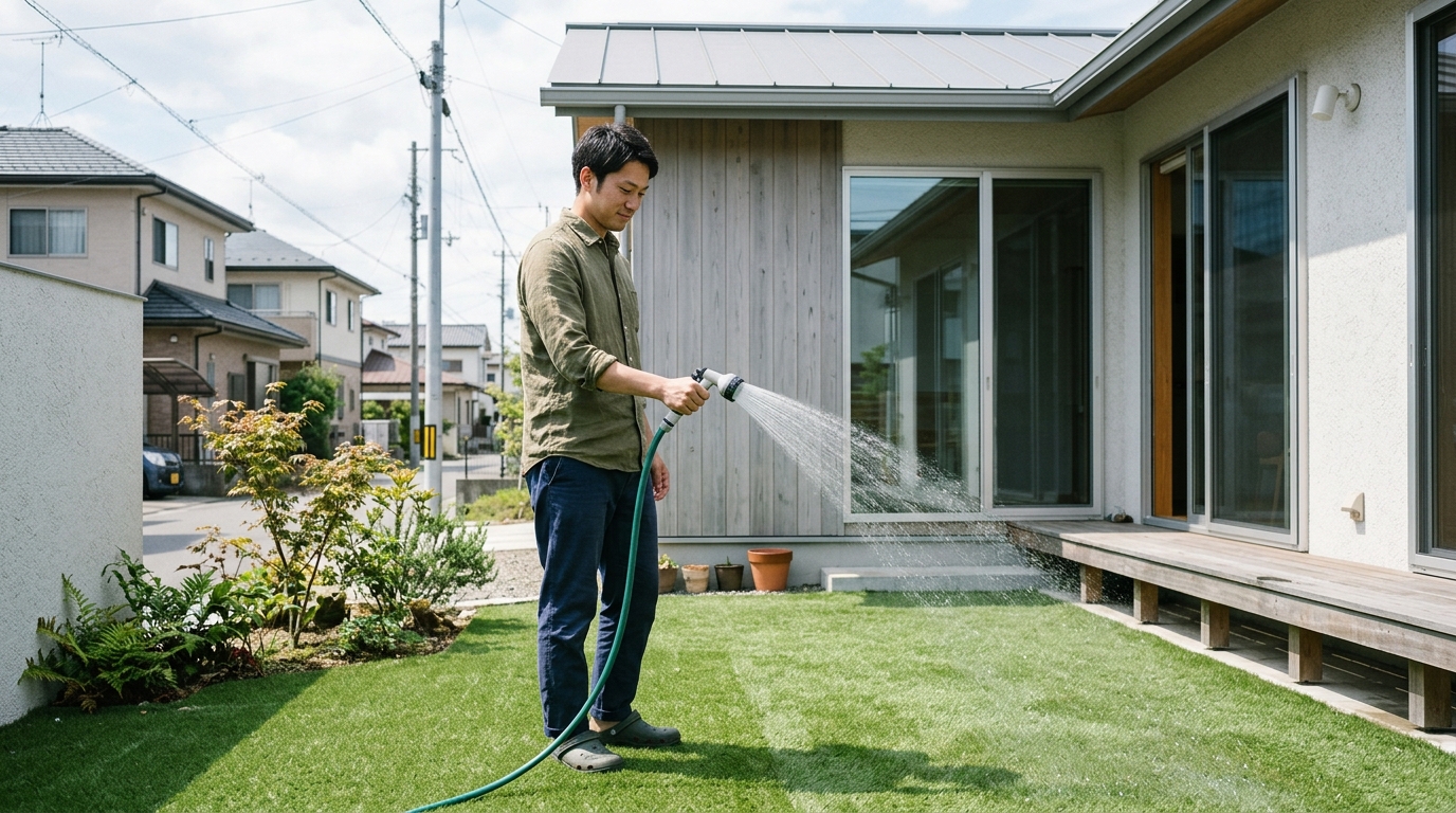 ホースのシャワーモードで優しく人工芝を水洗いしている写真]