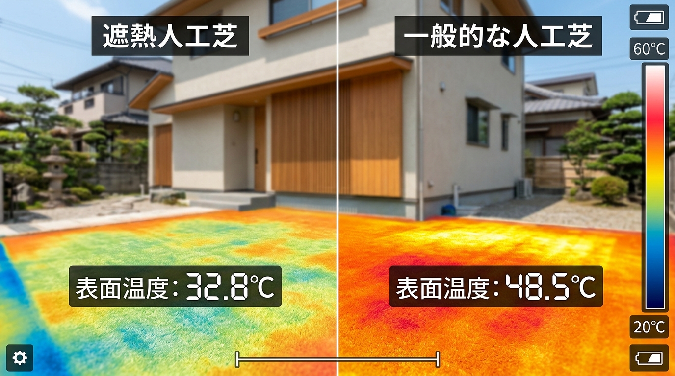 遮熱人工芝と一般的な人工芝の表面温度をサーモグラフィーカメラで撮影し、並べて比較している写真。それぞれの表面温度が数値で明確に表示されているもの。]