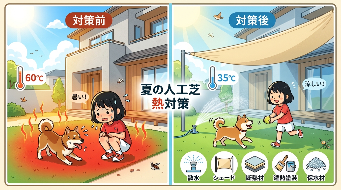 日本人と日本人の近代住宅・風景。参照画像の画風・テイスト・タッチでのイラストの作成。必要に応じてカラーにして。, 夏の人工芝の熱対策を解説するインフォグラフィック。明るく親しみやすいデジタルイラスト。