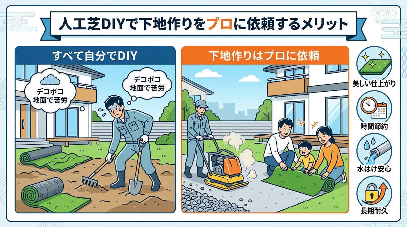 日本人と日本人の近代住宅・風景。参照画像の画風・テイスト・タッチでのイラストの作成。必要に応じてカラーにして。, 「人工芝DIYで下地作りをプロに依頼するメリット」というタイトルのインフォグラフィック