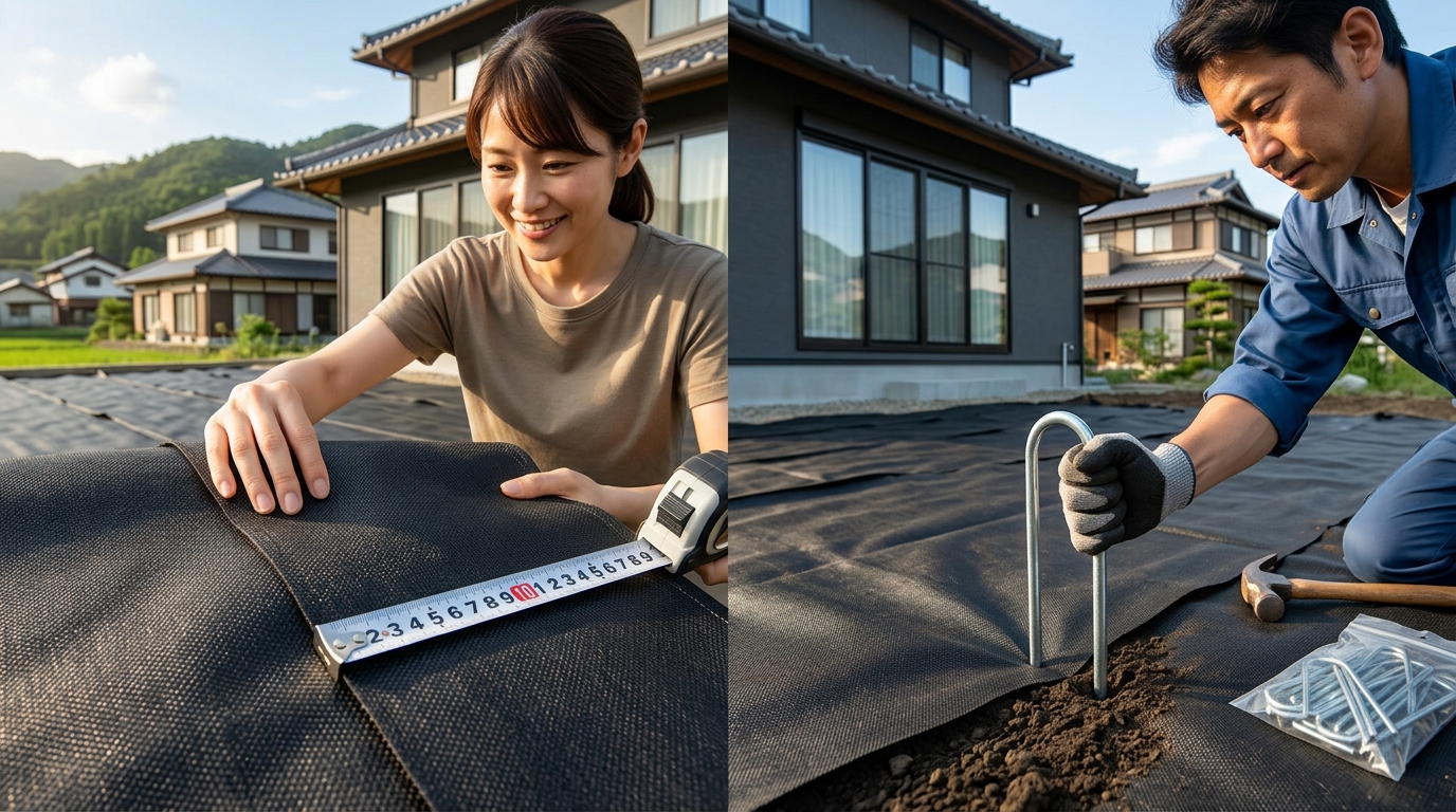 防草シートを10cm以上重ねて敷いている部分のアップ写真と、U字ピンで固定している写真。]