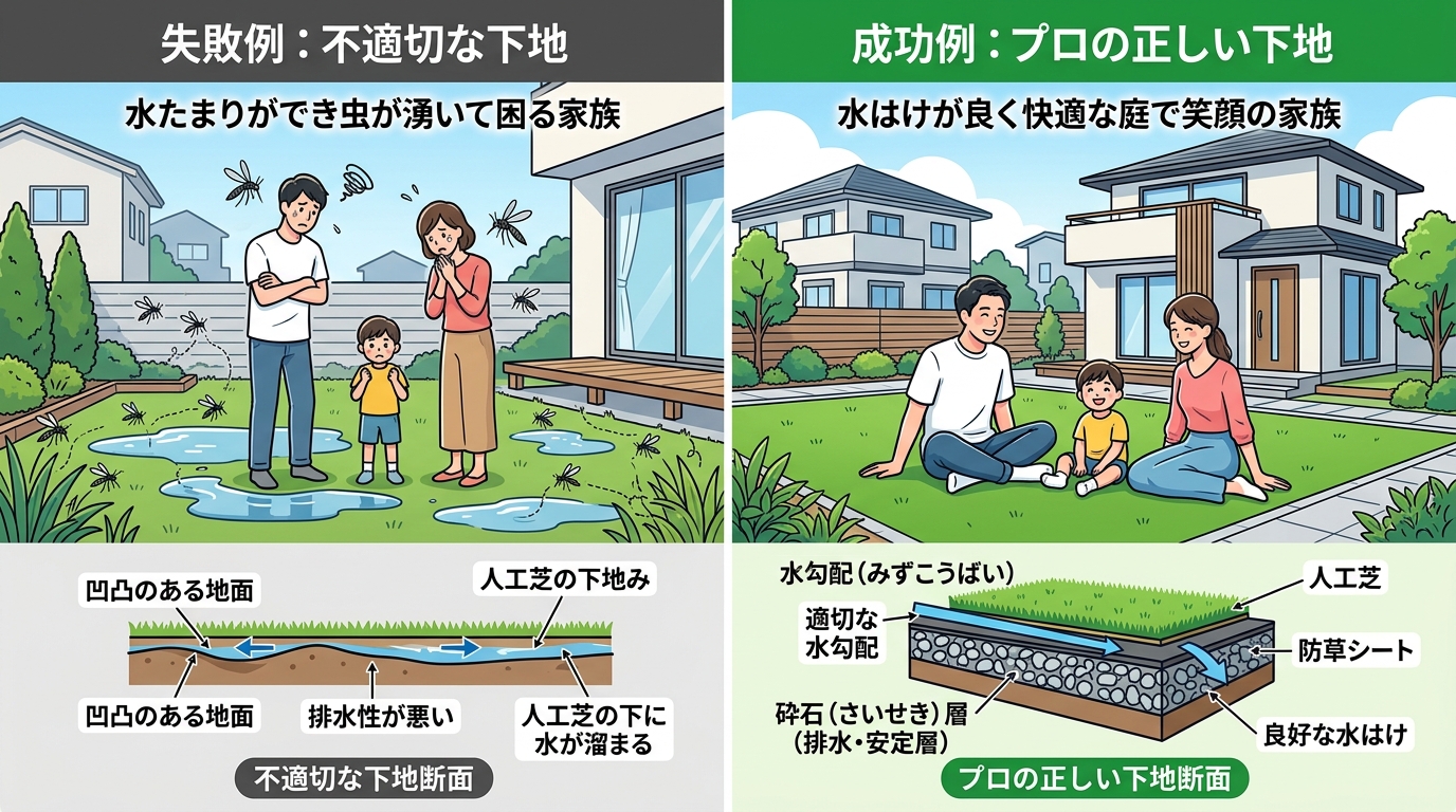 日本人と日本人の近代住宅・風景。参照画像の画風・テイスト・タッチでのイラストの作成。必要に応じてカラーにして。, インフォグラフィック、人工芝の庭の比較図。左に「失敗例：不適切な下地」として、水たまり
