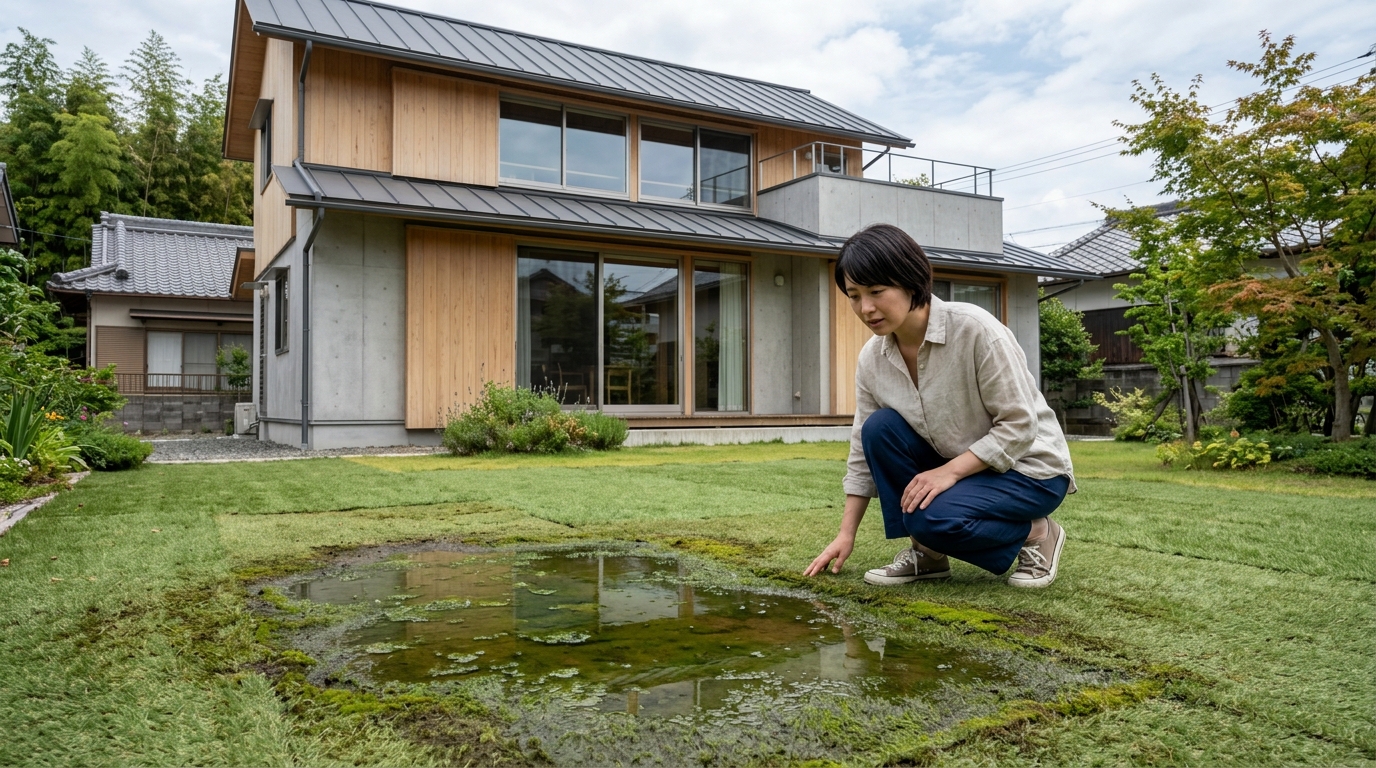 下地が悪く水たまりができてしまった人工芝の写真。水が濁り、少しコケが生えている様子がわかるもの。]