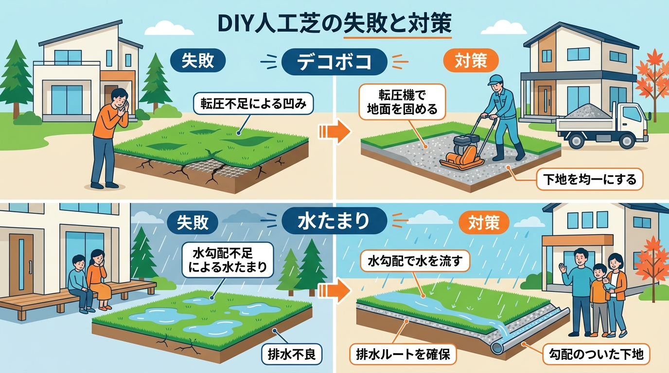 日本人と日本人の近代住宅・風景。参照画像の画風・テイスト・タッチでのイラストの作成。必要に応じてカラーにして。, 人工芝DIYの失敗と対策を比較するインフォグラフィック。2つの事例を上下に配置。上段は