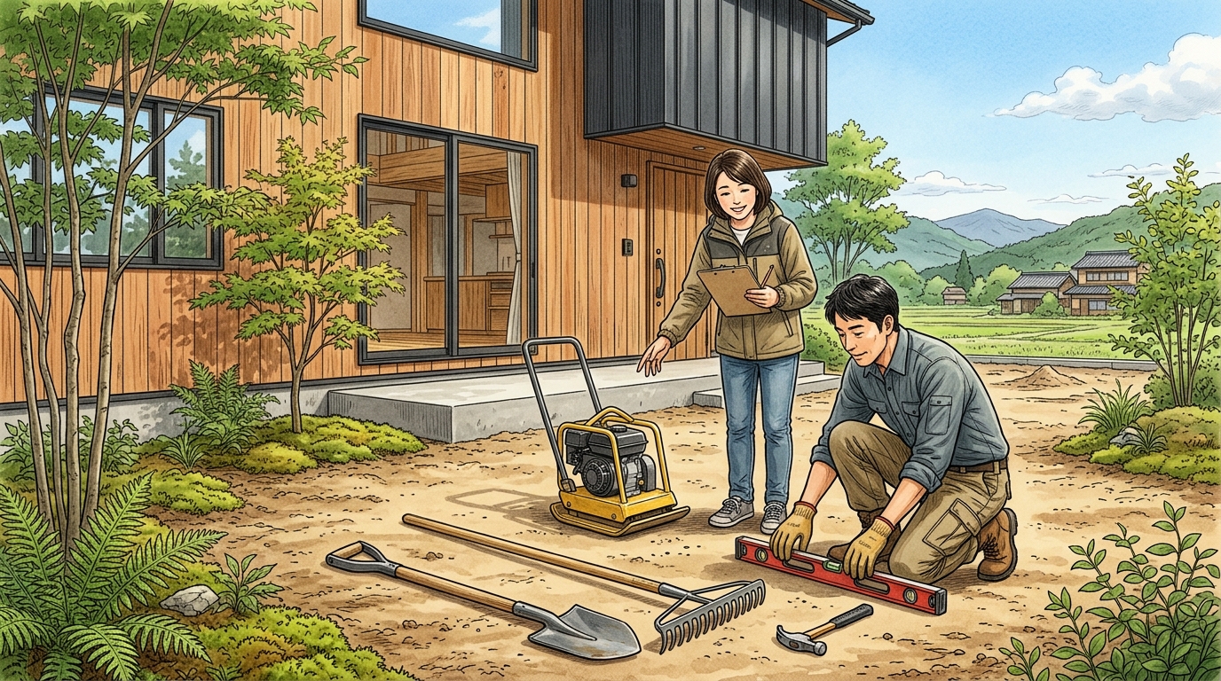DIYで使うスコップ、トンボ、転圧機、水準器などを並べた写真]
