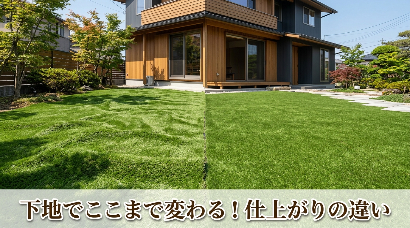 左側にデコボコな下地で波打っている人工芝、右側に平滑な下地で美しく敷かれた人工芝を並べた比較写真。「下地でここまで変わる！仕上がりの違い」というキャプションを入れる。]