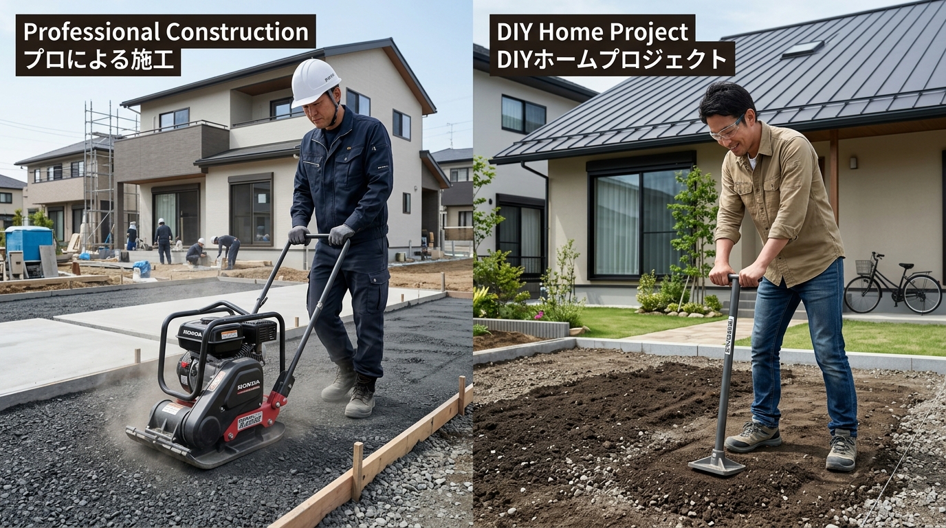 プロが転圧機（プレートコンパクター）を使って地面を固めている写真と、DIY向けにタンパーを使っている写真の2枚。]