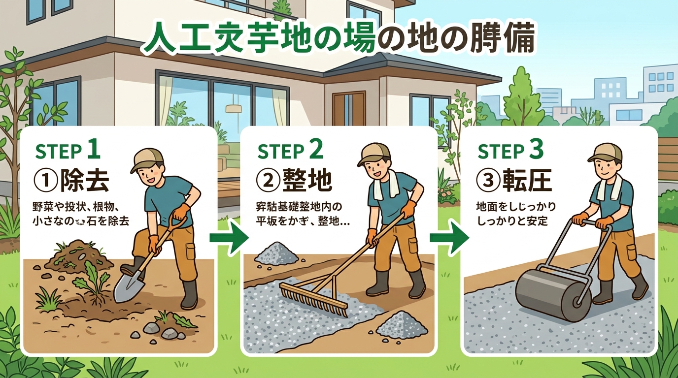 日本人と日本人の近代住宅・風景。参照画像の画風・テイスト・タッチでのイラストの作成。必要に応じてカラーにして。, 人工芝の下地作りの手順を示すインフォグラフィック。左から右へ矢印で繋がれた3つのステッ