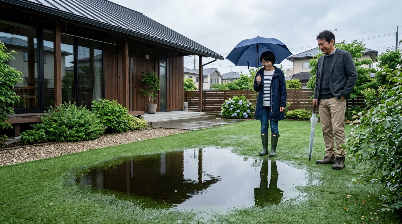 大雨の後に人工芝の上に大きな水たまりができている写真。]