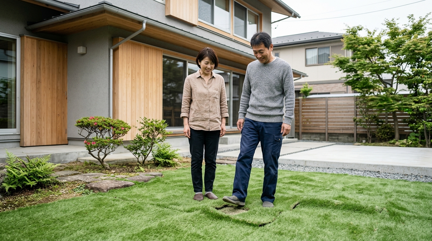 DIYで施工した結果、表面がデコボコになってしまった人工芝の写真。歩くと沈む様子がわかるようなもの。]