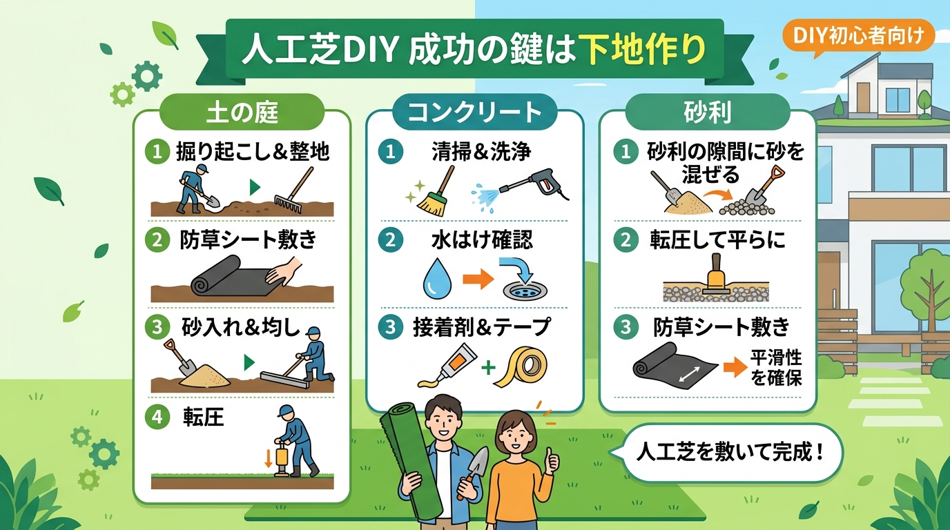 日本人と日本人の近代住宅・風景。参照画像の画風・テイスト・タッチでのイラストの作成。必要に応じてカラーにして。, 「人工芝DIY 成功の鍵は下地作り」というタイトルのインフォグラフィック。フラットデザ