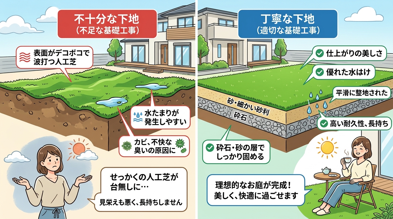 日本人と日本人の近代住宅・風景。参照画像の画風・テイスト・タッチでのイラストの作成。必要に応じてカラーにして。, 人工芝の下地作りの重要性を伝えるインフォグラフィック。画面を左右に分割し、左に「不十分