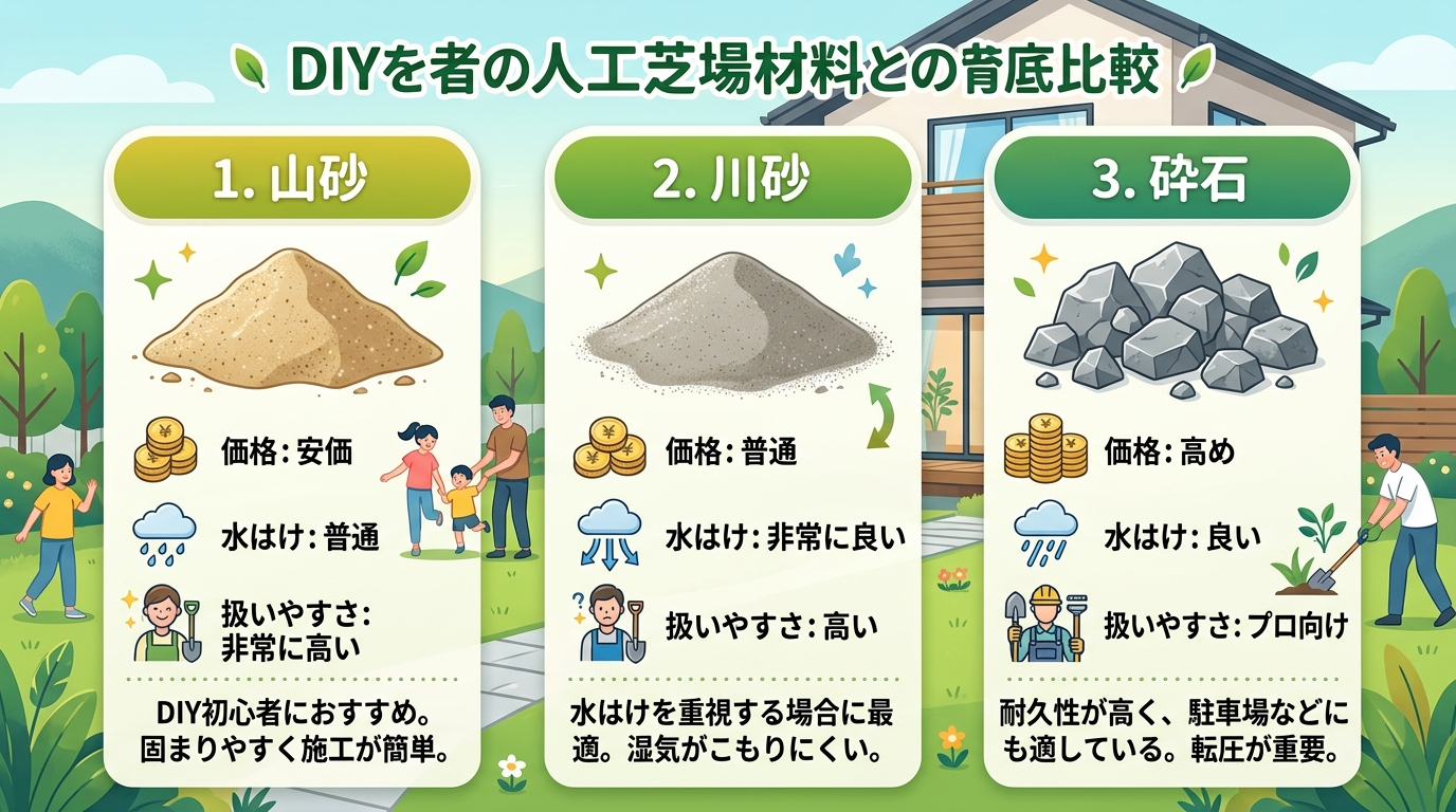日本人と日本人の近代住宅・風景。参照画像の画風・テイスト・タッチでのイラストの作成。必要に応じてカラーにして。, 人工芝の下地材を選ぶためのインフォグラフィック。画面を3分割し「山砂」「川砂」「砕石」