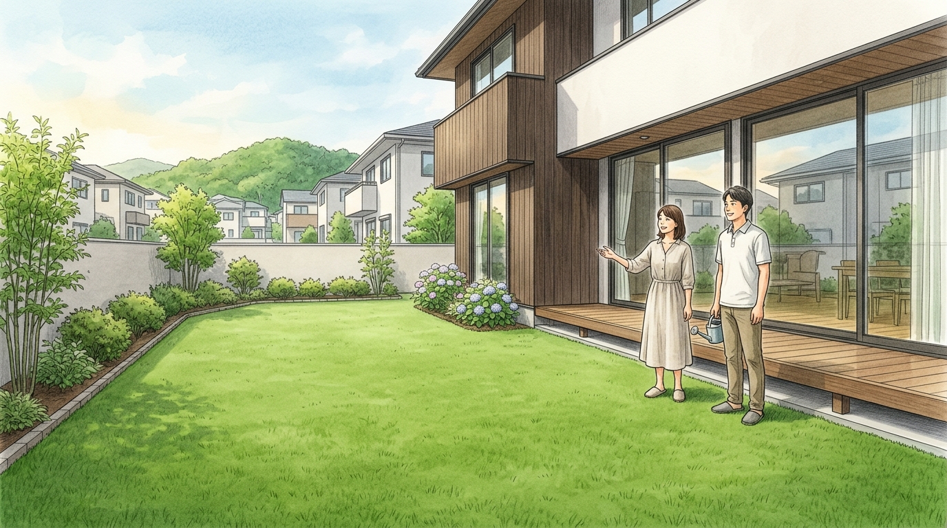 プロが施工した、青々として美しくフラットな人工芝の庭の全景写真。読者の完成イメージを膨らませる。]