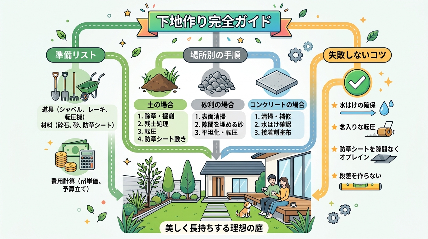 日本人と日本人の近代住宅・風景。参照画像の画風・テイスト・タッチでのイラストの作成。必要に応じてカラーにして。, 「DIY人工芝の下地作り」をテーマにしたインフォグラフィック。明るい配色のフラットなデ