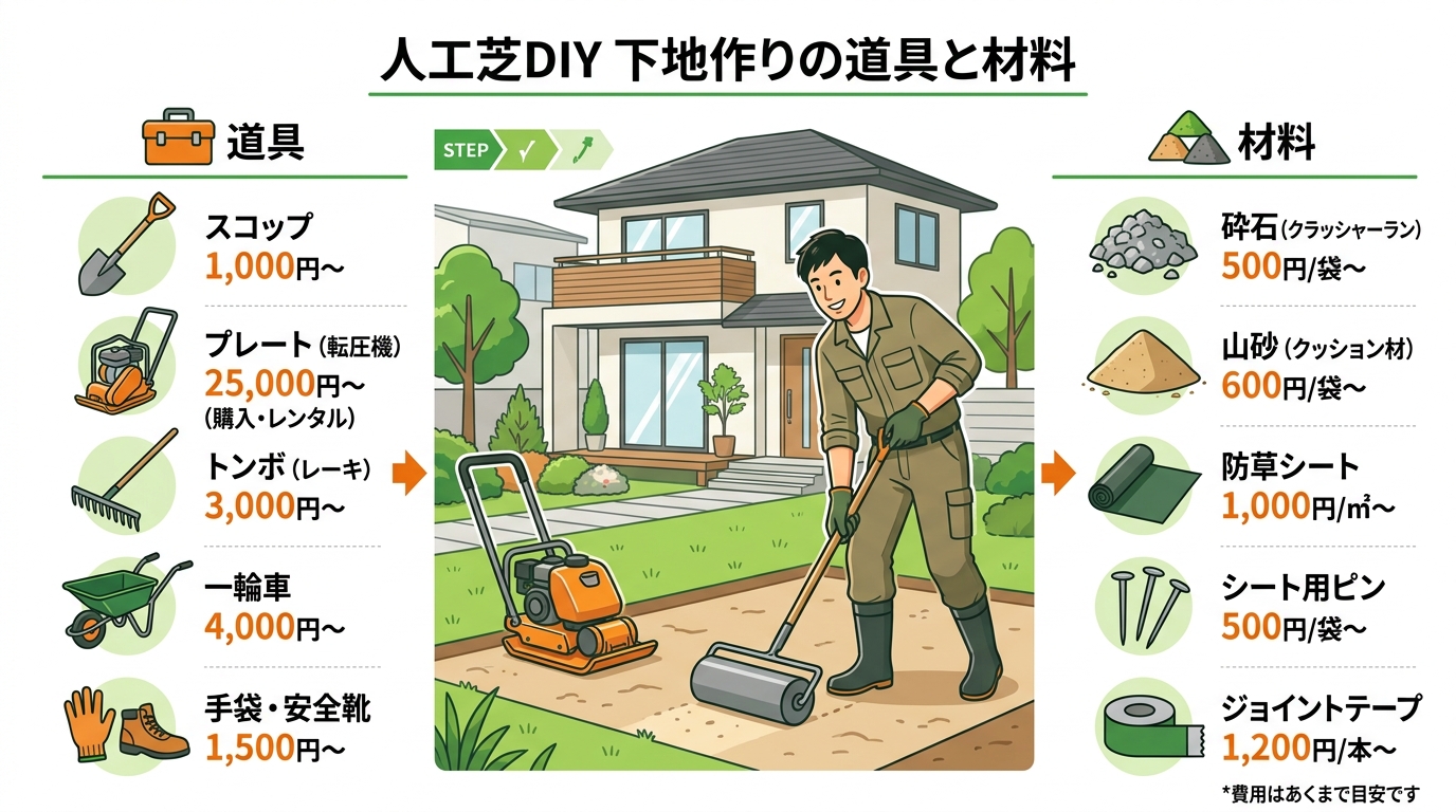 日本人と日本人の近代住宅・風景。参照画像の画風・テイスト・タッチでのイラストの作成。必要に応じてカラーにして。, 人工芝DIYの下地作りをテーマにしたインフォグラフィック。中央に「下地作りの道具と材料