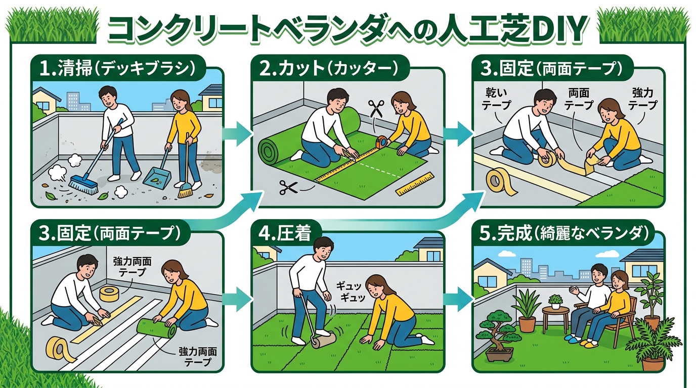 日本人と日本人の近代住宅・風景。参照画像の画風・テイスト・タッチでのイラストの作成。必要に応じてカラーにして。, 「コンクリートベランダへの人工芝DIY」をテーマにした、明るく分かりやすいインフォグラ