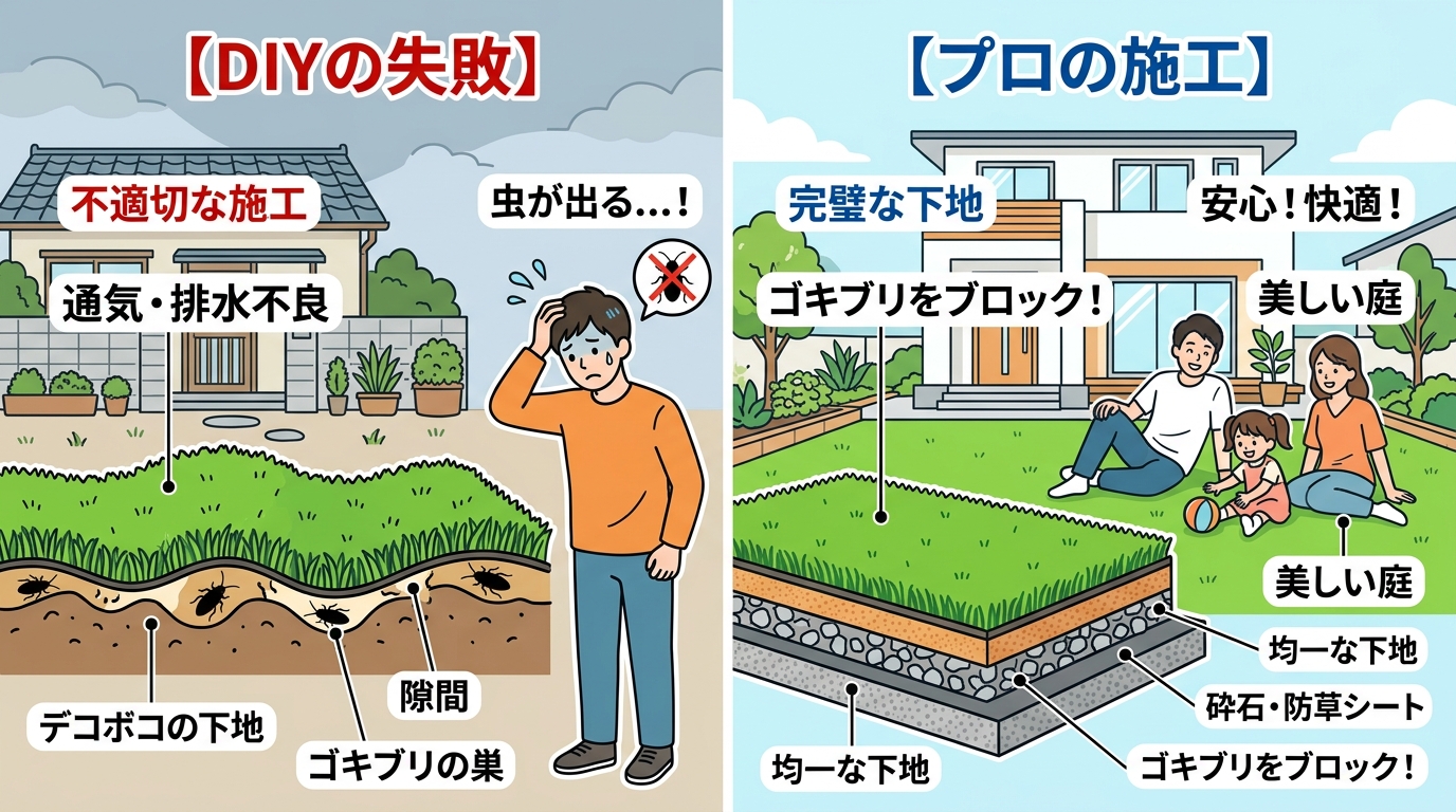 日本人と日本人の近代住宅・風景。参照画像の画風・テイスト・タッチでのイラストの作成。必要に応じてカラーにして。, インフォグラフィック、比較図。テーマは「人工芝のゴキブリ対策」。左に「DIYの失敗」と