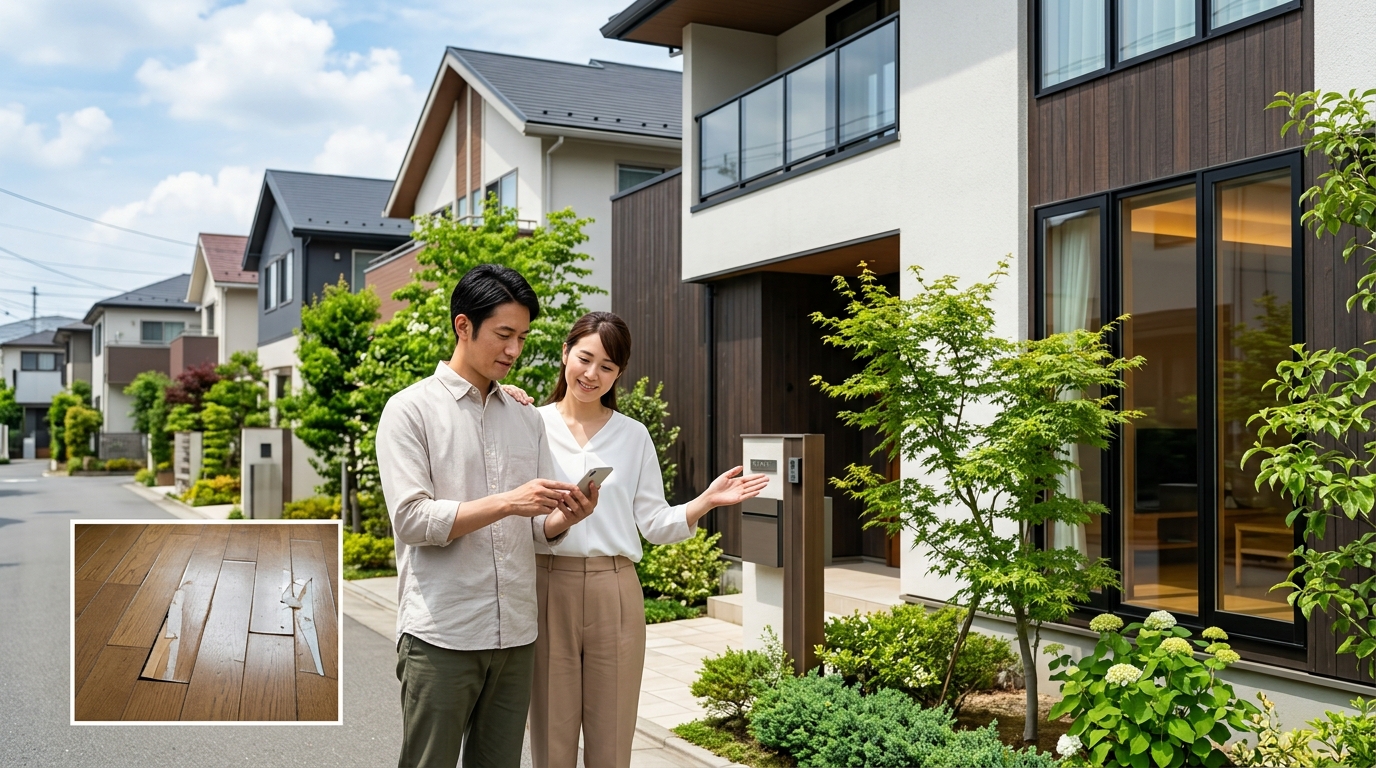 DIYでの失敗例（継ぎ目が目立つ、端がめくれている）と、プロが施工した美しい仕上がりの比較写真。]
