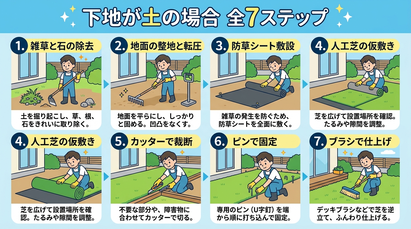 日本人と日本人の近代住宅・風景。参照画像の画風・テイスト・タッチでのイラストの作成。必要に応じてカラーにして。, 庭に人工芝をDIYで設置する手順を示すインフォグラフィック。「下地が土の場合 全7ステ
