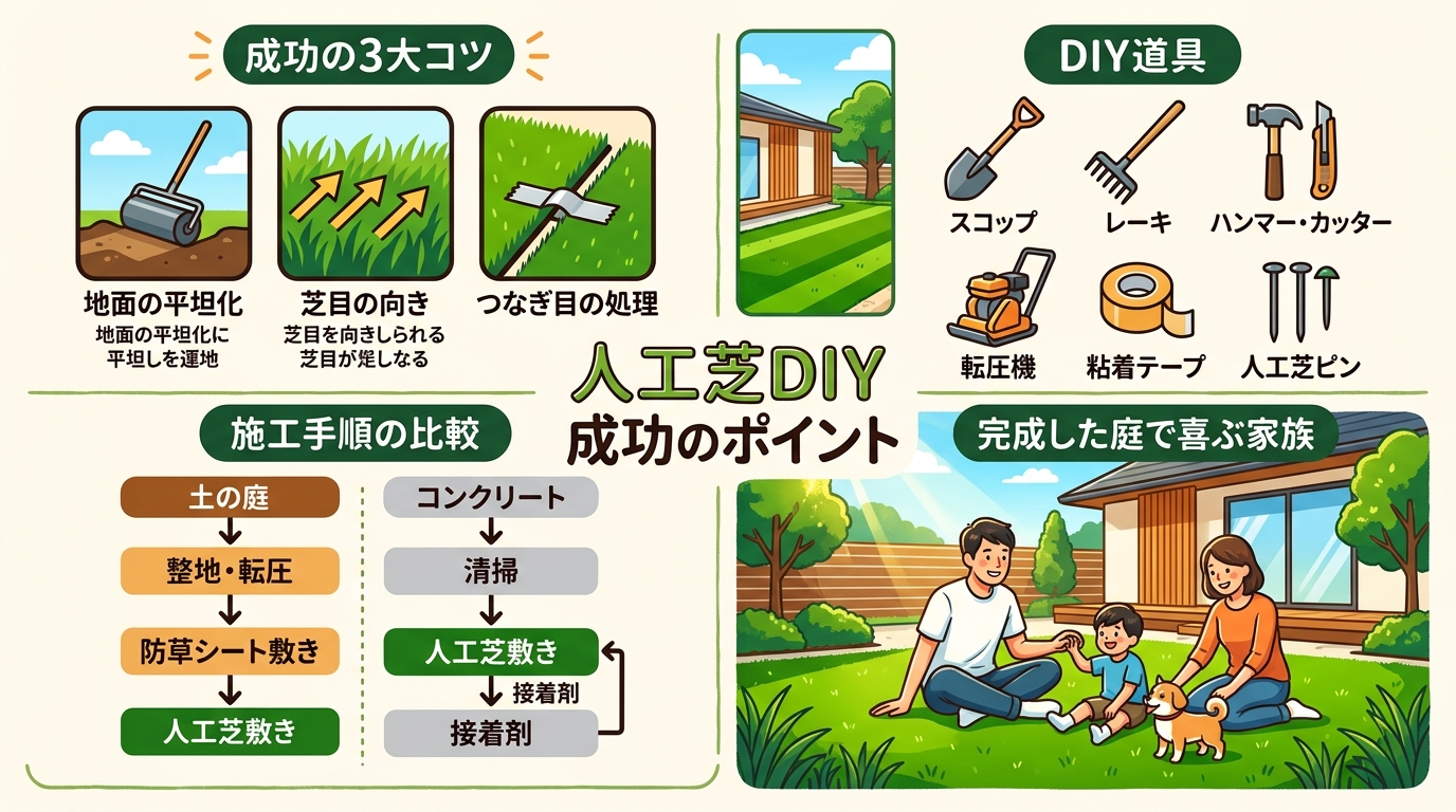 日本人と日本人の近代住宅・風景。参照画像の画風・テイスト・タッチでのイラストの作成。必要に応じてカラーにして。, 人工芝DIYの成功法を解説するインフォグラフィック。中央に「人工芝DIY 成功のポイン