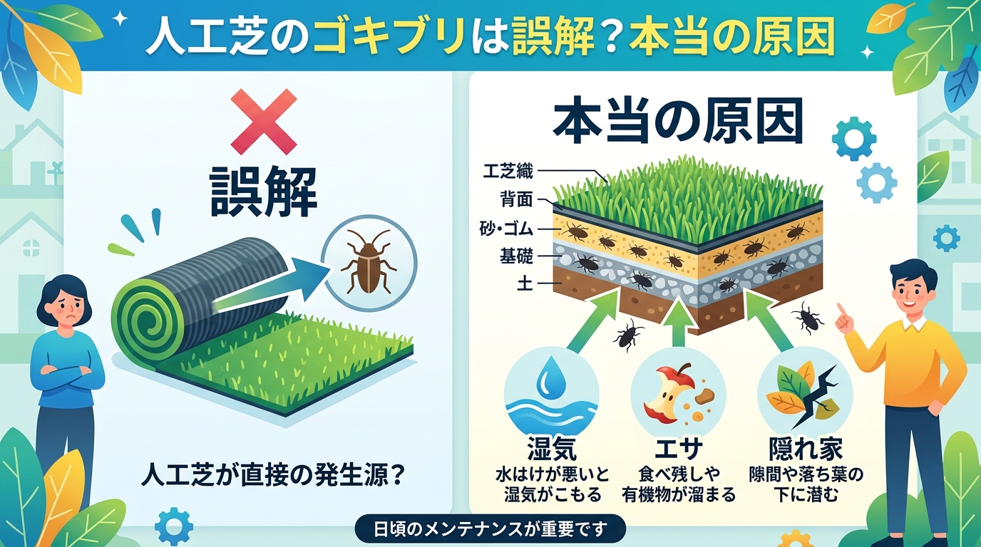 日本人と日本人の近代住宅・風景。参照画像の画風・テイスト・タッチでのイラストの作成。必要に応じてカラーにして。, インフォグラフィック、デジタルイラスト風。タイトル「人工芝のゴキブリは誤解?本当の原因