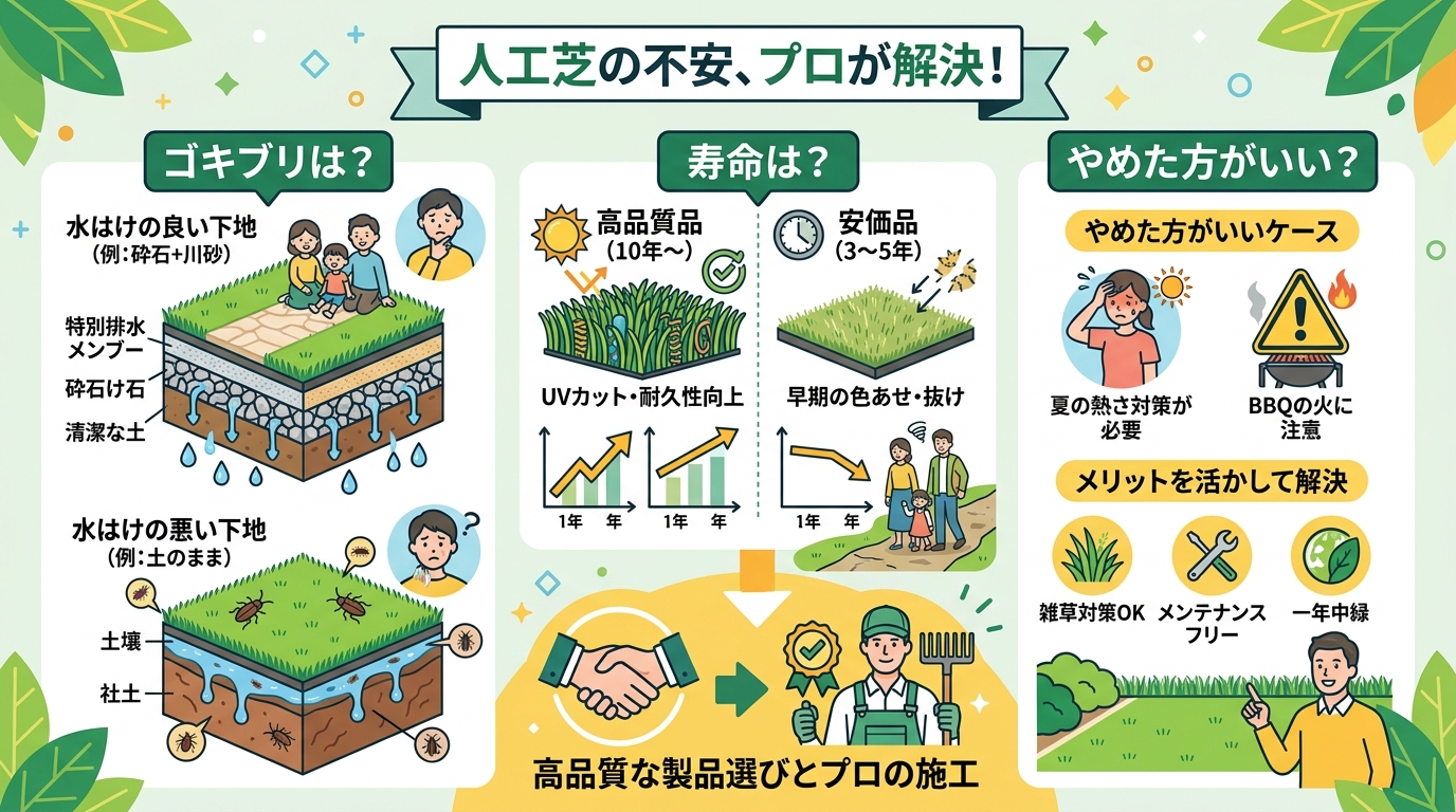 日本人と日本人の近代住宅・風景。参照画像の画風・テイスト・タッチでのイラストの作成。必要に応じてカラーにして。, 人工芝のデメリットに関するよくある質問と解決策をまとめたインフォグラフィック。フラット