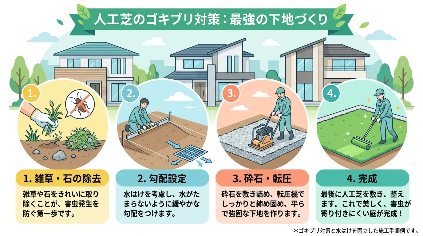 日本人と日本人の近代住宅・風景。参照画像の画風・テイスト・タッチでのイラストの作成。必要に応じてカラーにして。, インフォグラフィックを作成。タイトルは「人工芝のゴキブリ対策:最強の下地づくり」。水は