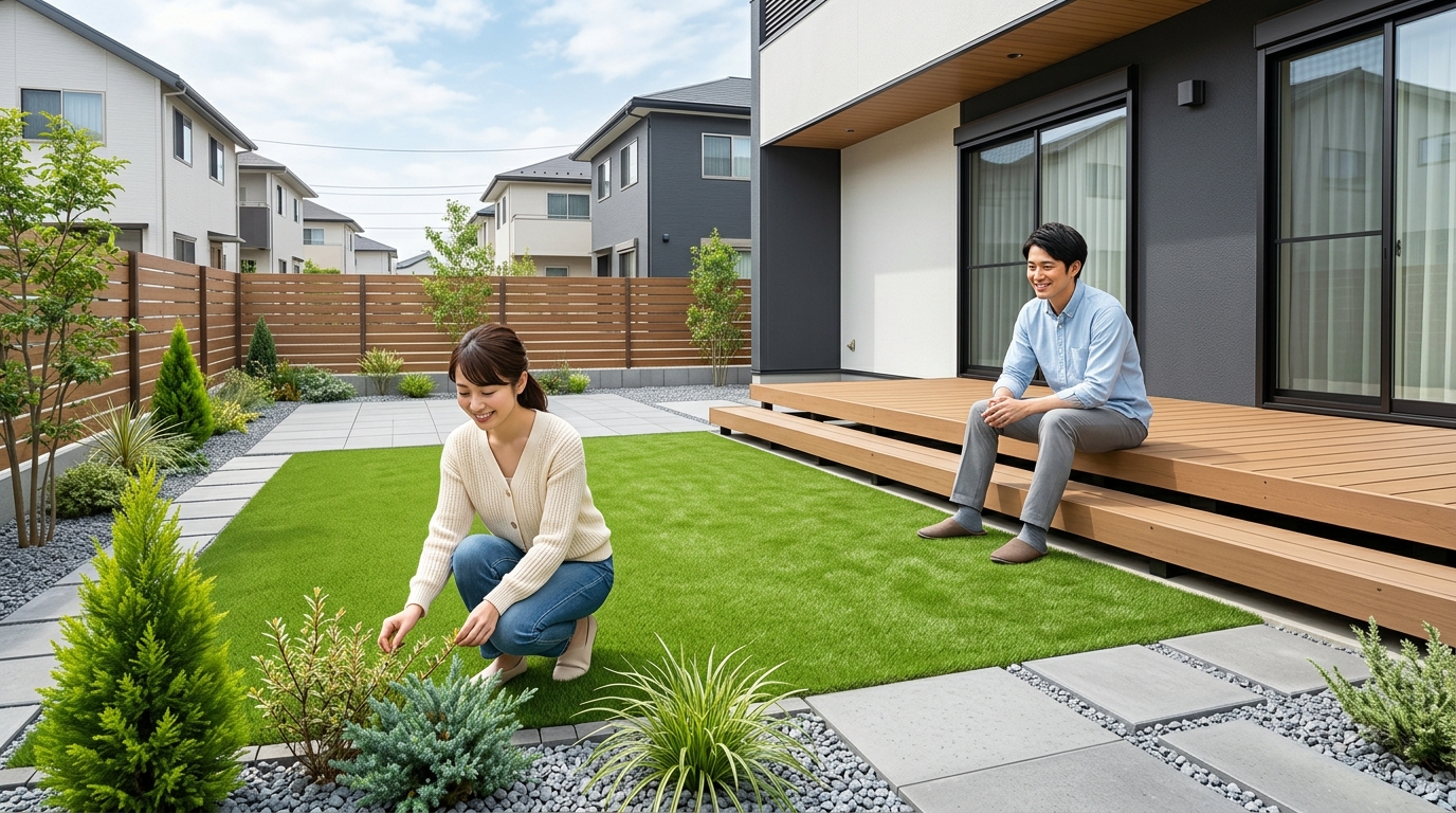 【千葉県船橋市】“雑草ゼロ＆見た目スッキリ！”― 裏庭が大変身！人工芝で実現する快適ローメンテナンス空間の施工完了写真]