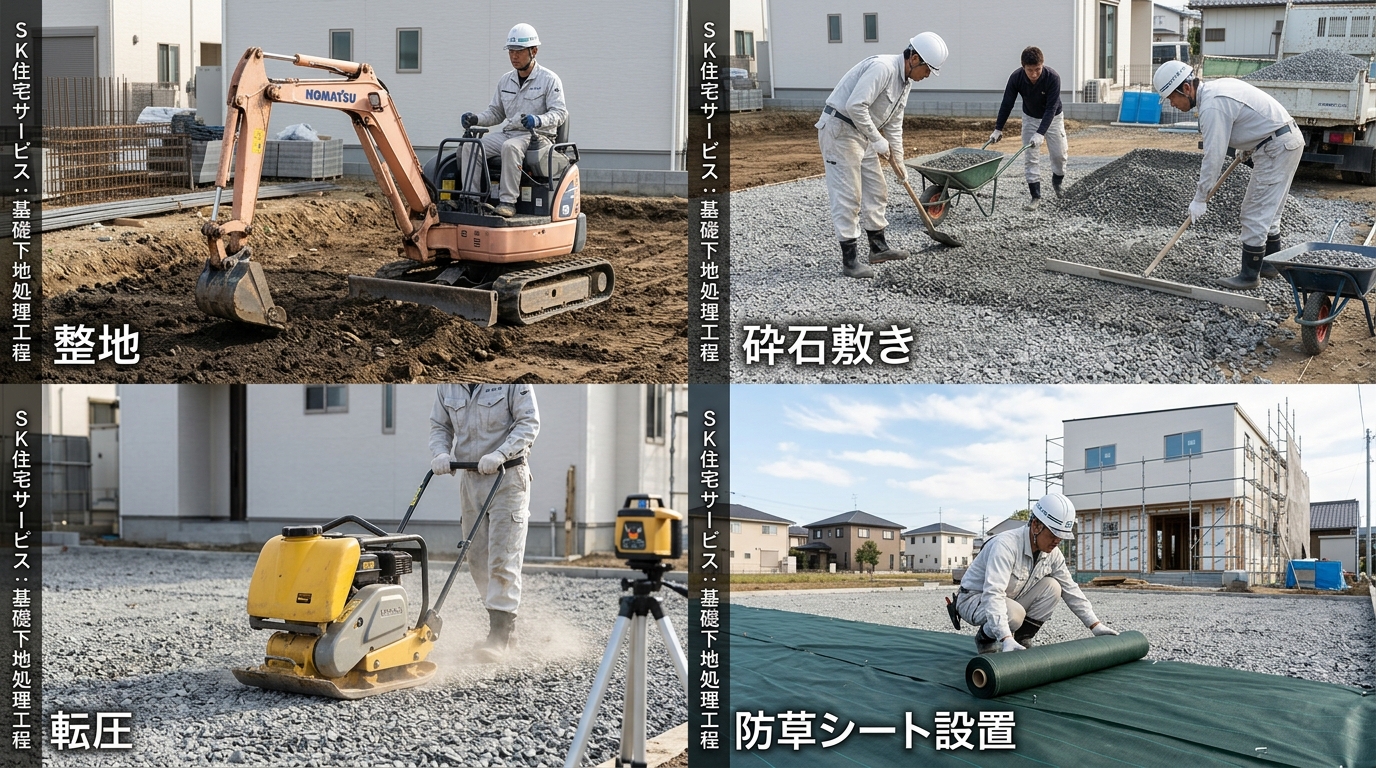 エスケー住宅サービスが行う下地処理の工程写真（整地→砕石敷き→転圧→防草シート設置など、各工程がわかる写真）]