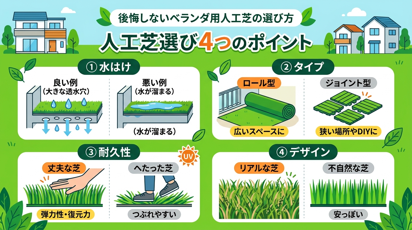 日本人と日本人の近代住宅・風景。参照画像の画風・テイスト・タッチでのイラストの作成。必要に応じてカラーにして。, 「後悔しないベランダ用人工芝の選び方」をテーマにしたインフォグラフィック。明るい緑を基