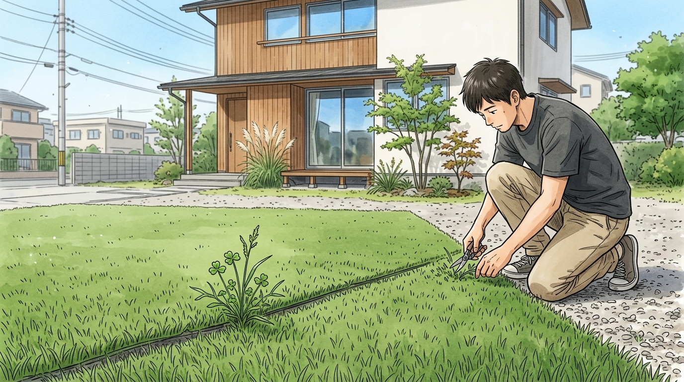 人工芝のロールの継ぎ目のわずかな隙間から、力強く雑草が突き抜けて生えているクローズアップ写真]