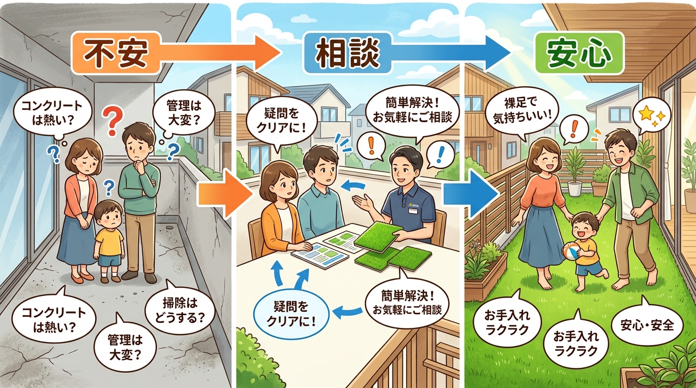 日本人と日本人の近代住宅・風景。参照画像の画風・テイスト・タッチでのイラストの作成。必要に応じてカラーにして。, ベランダの人工芝に関するFAQをテーマにしたインフォグラフィック。左側に「不安」として